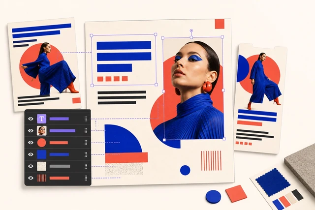 Editable fashion campaign with separate text, image, and shape layers across coordinated pages