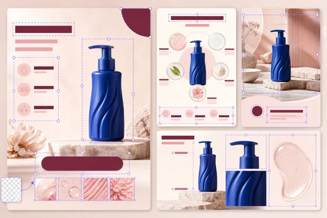 Consistent skincare product developed into hero, feature, lifestyle, and detail pages