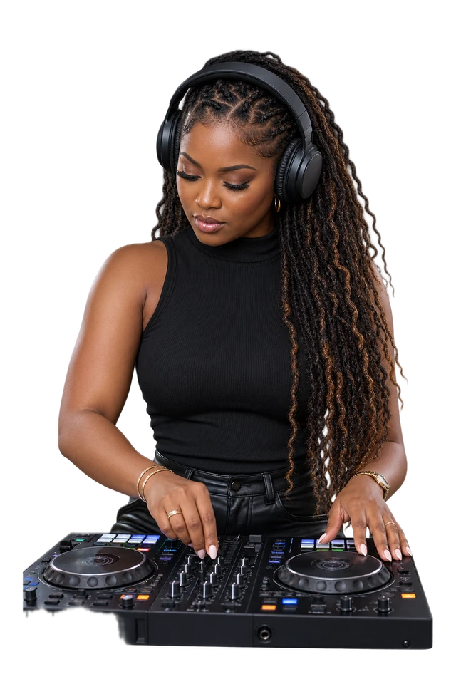 Focused DJ wearing headphones composited over changing scenes