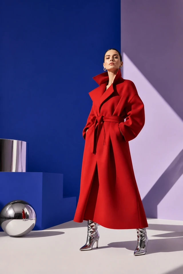 Woman in a crimson coat on a cobalt and lavender studio set
