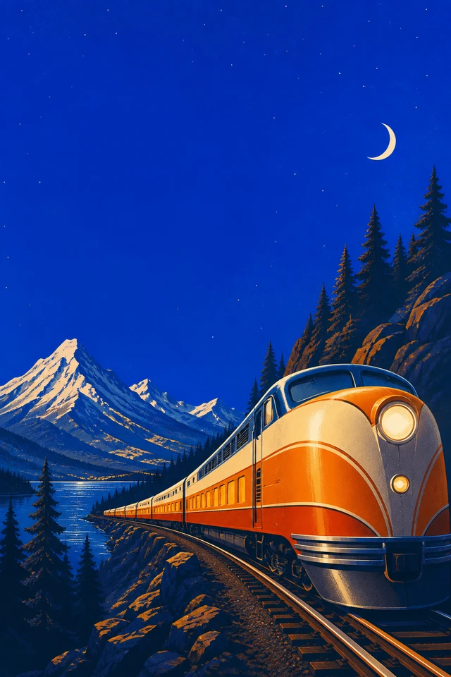 Illustrated night train travelling through blue mountain scenery