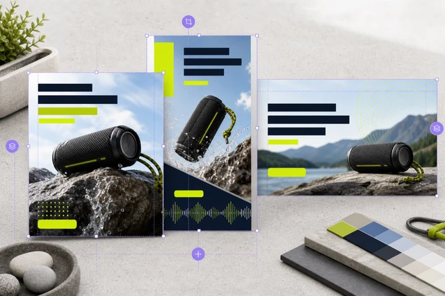 Outdoor audio campaign recomposed as distinct square, Story, and banner layouts