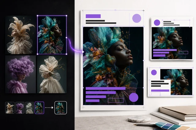 Selected botanical fashion image carried into an editable poster and social campaign