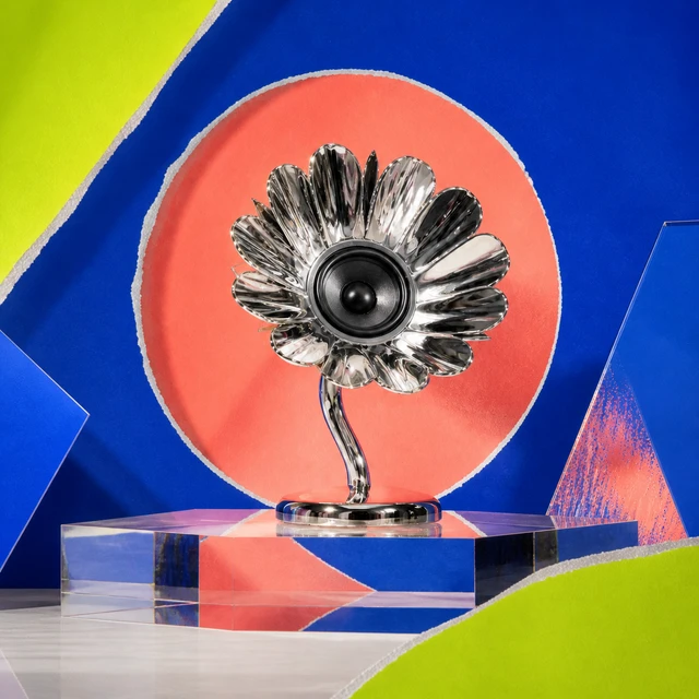 Square composition for the same chrome floral speaker campaign