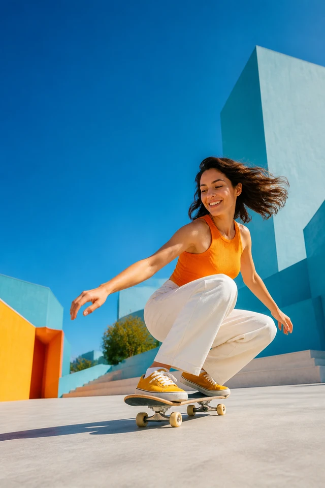 Skateboarder in a bright blue urban plaza