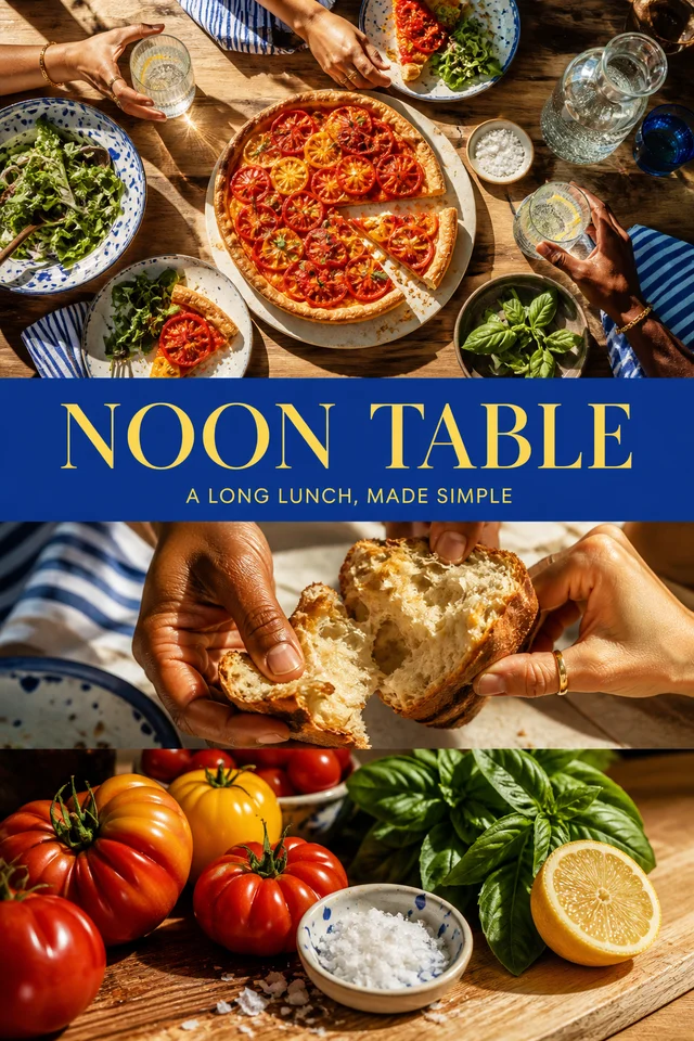 Graphic food story with a sunlit shared lunch and ingredient details
