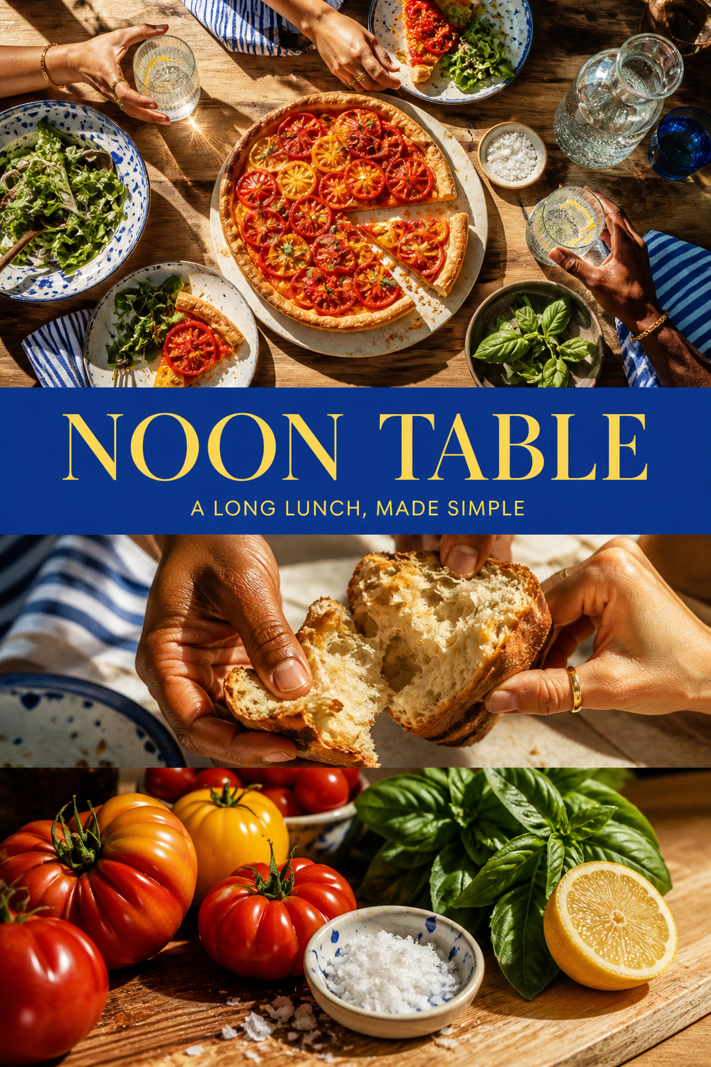 Graphic food story with a sunlit shared lunch and ingredient details