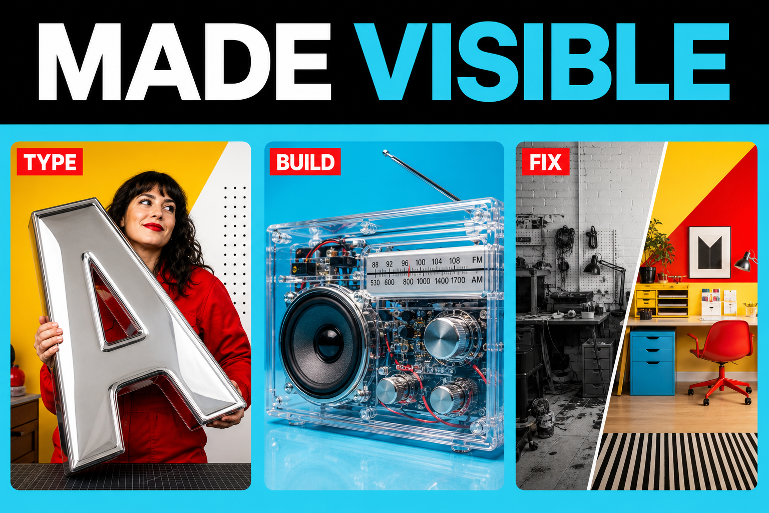 Made Visible creator board with Type, Build, and Fix thumbnail concepts