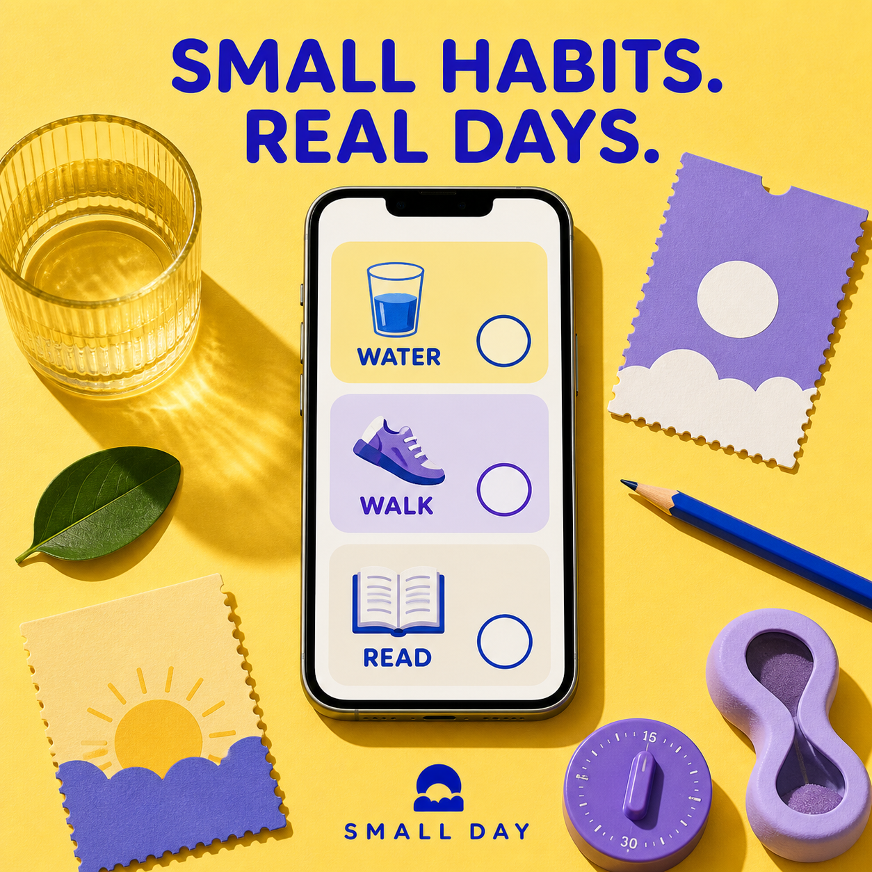 Small Day app launch board with a three-card habit interface and tactile objects