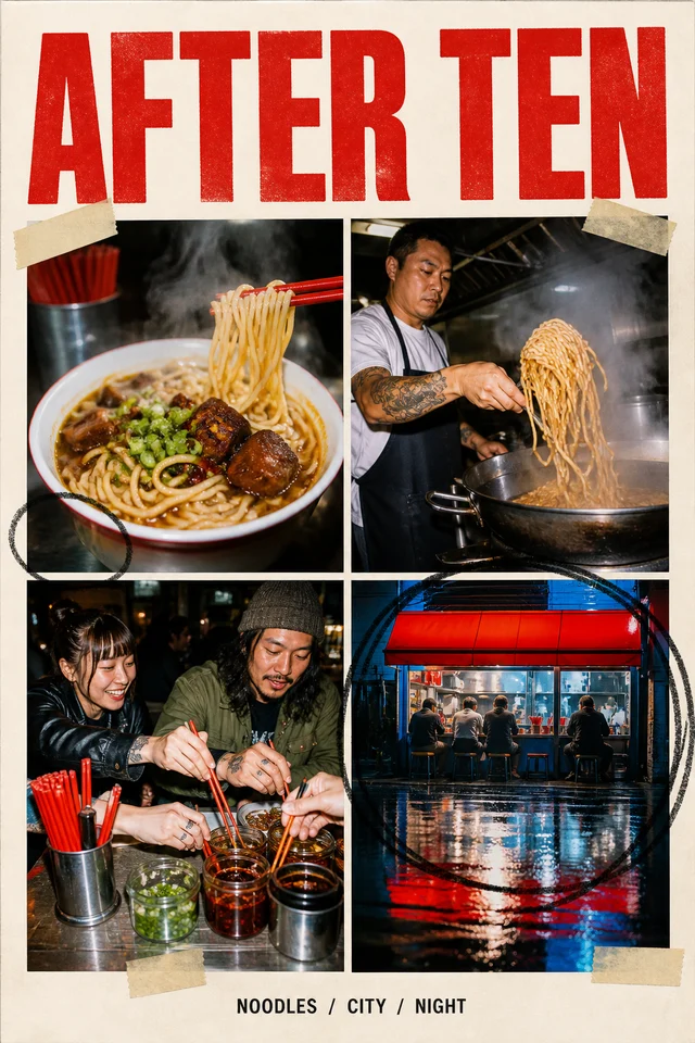 After Ten food zine cover with a late-night noodle counter collage