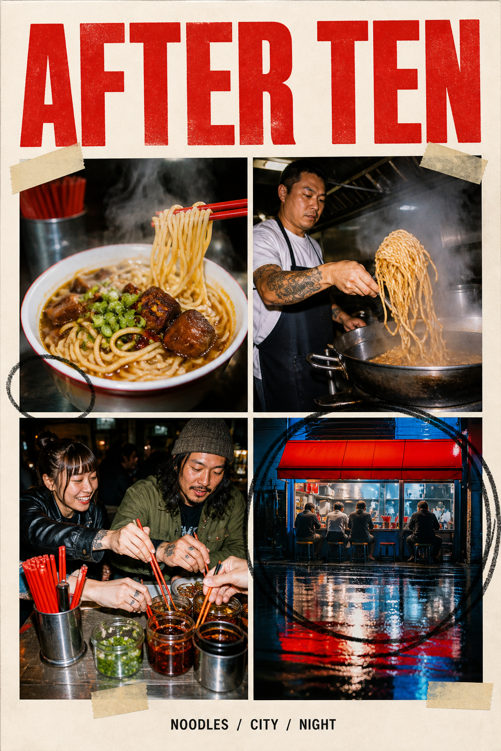 After Ten food zine cover with a late-night noodle counter collage