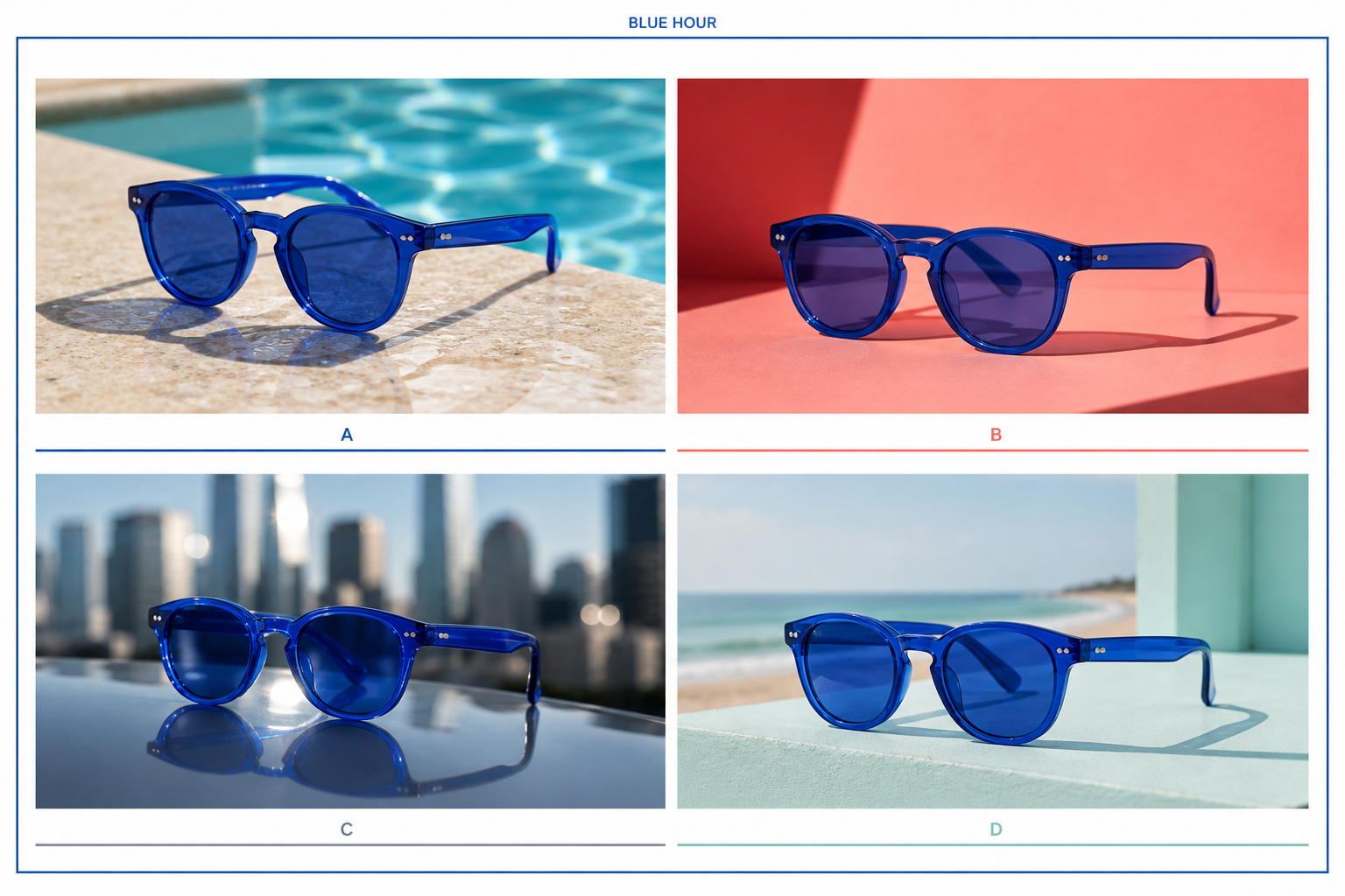 Four consistent cobalt sunglasses candidates in pool, studio, city, and beach scenes