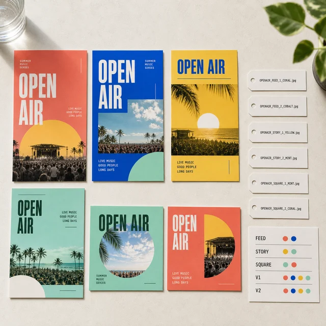 Open Air campaign delivery board with six page designs and filename tags