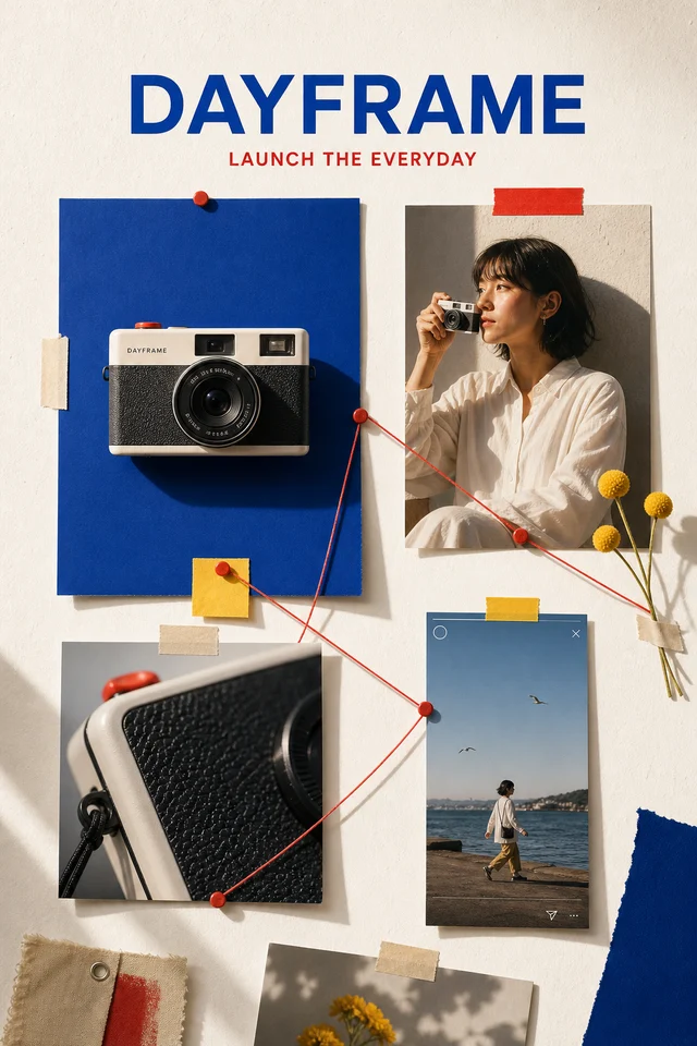 Dayframe camera launch storyboard with product, portrait, detail, and Story frames