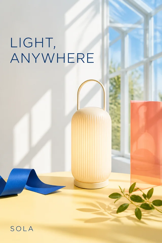 Sunlit SOLA portable lamp launch poster in butter yellow and blue
