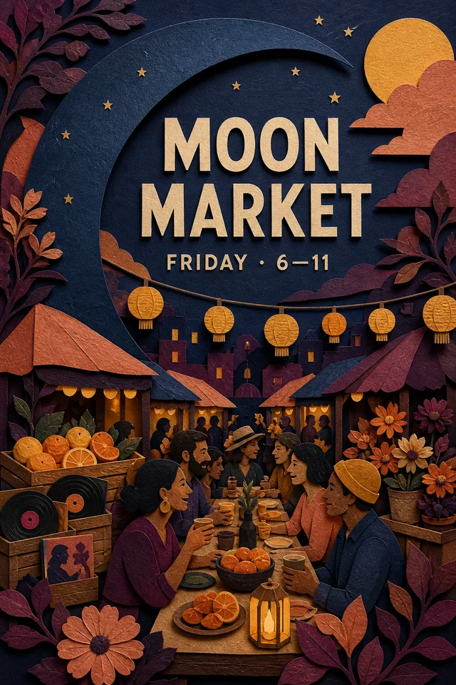 Layered indigo and peach paper-cut poster for Moon Market