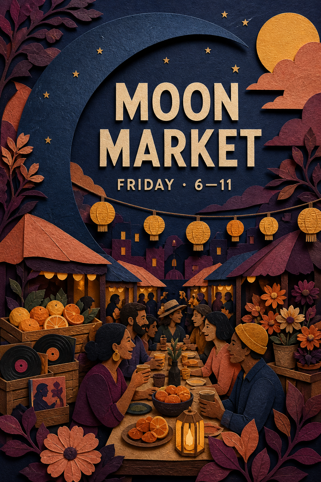 Layered indigo and peach paper-cut poster for Moon Market