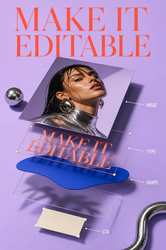 Fashion poster exploded into image, type, shape, shadow, and CTA layers