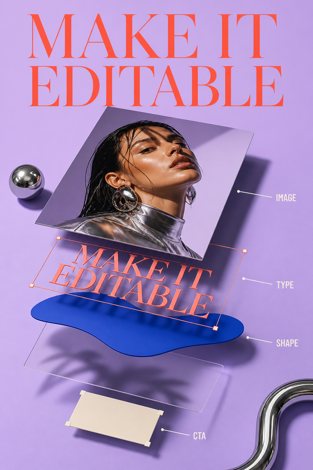 Fashion poster exploded into image, type, shape, shadow, and CTA layers