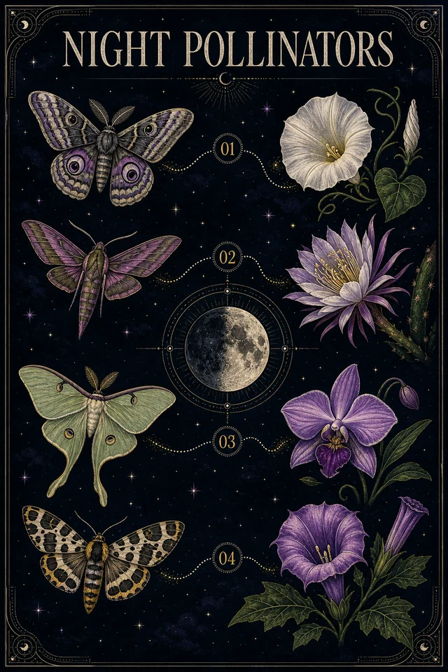 Luminous night pollinator field guide with moths and flowers
