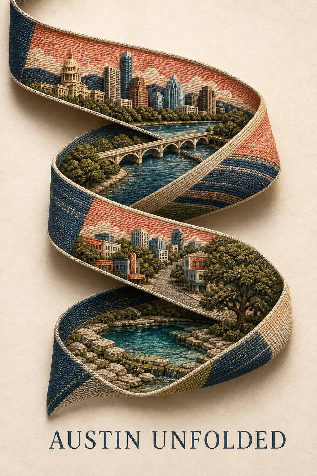 Austin cityscape sculpted inside an indigo and coral woven ribbon