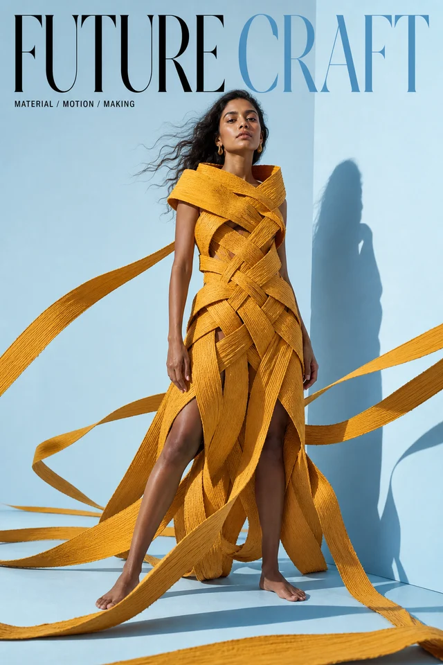 Future Craft editorial portrait with a saffron woven ribbon garment