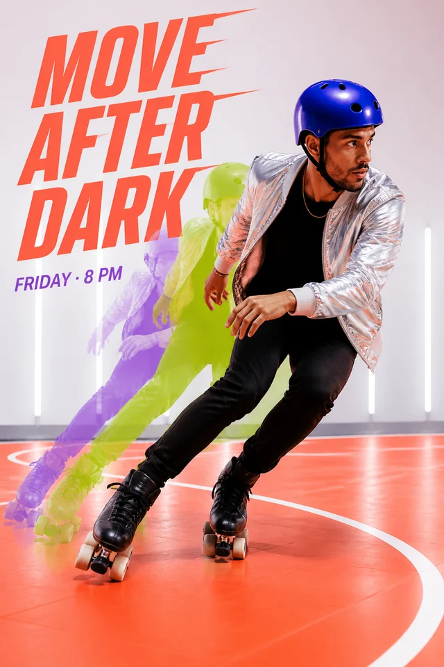 Roller skater turning across a coral court with lime motion echoes