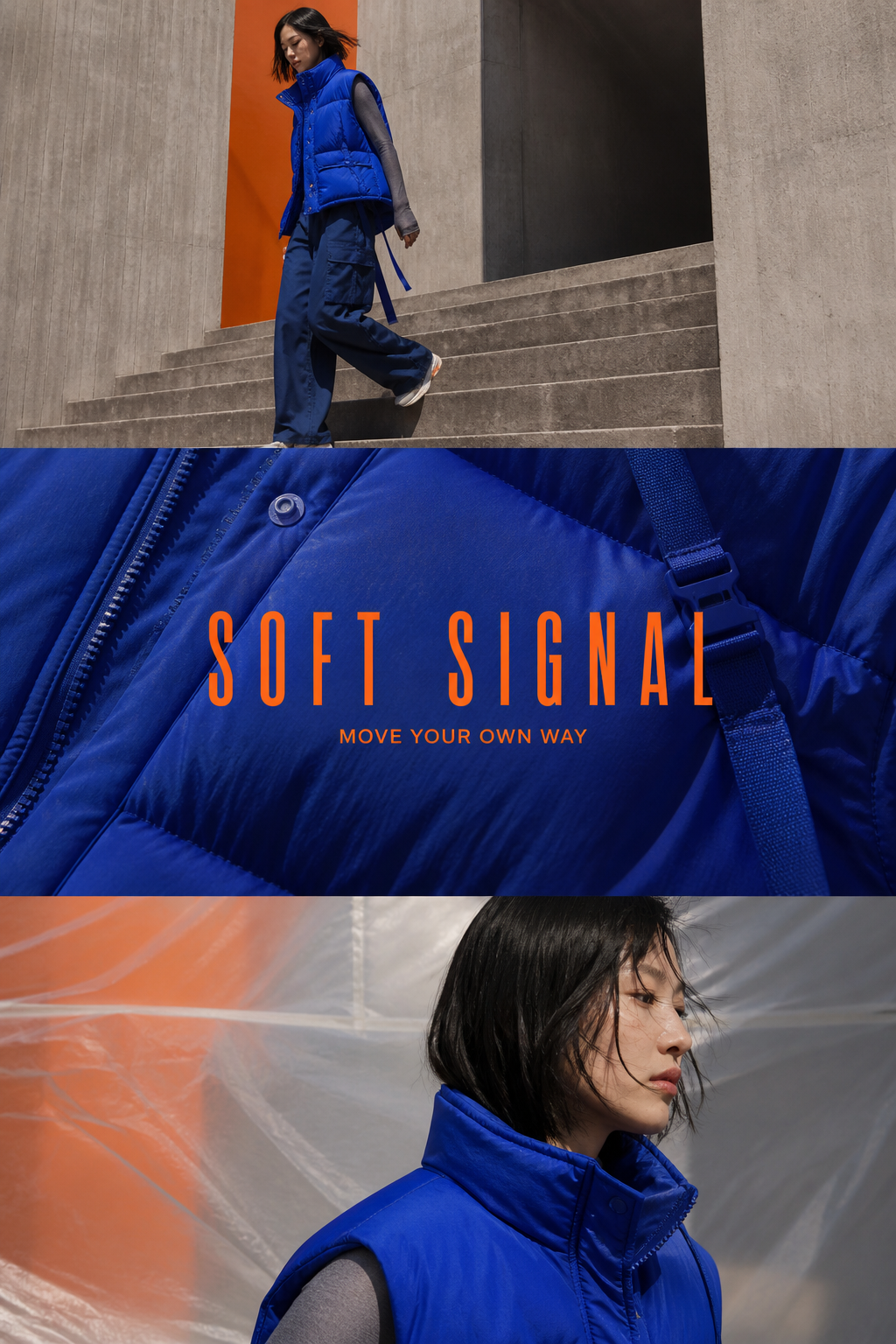 Three-panel Soft Signal streetwear story with a cobalt padded vest
