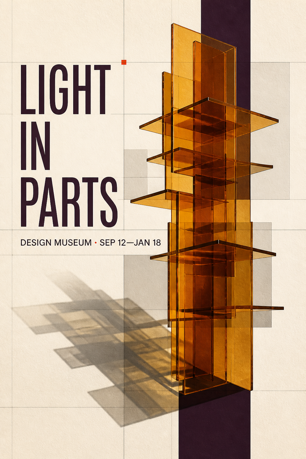 Light in Parts exhibition poster with amber glass planes