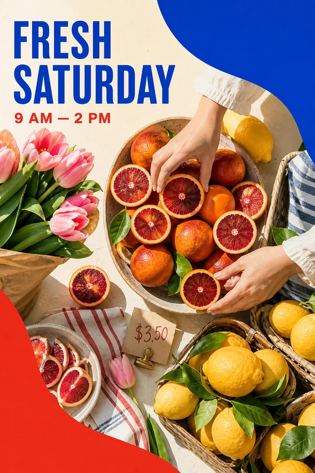 Sunny citrus and tulip market poster with bold cobalt shapes