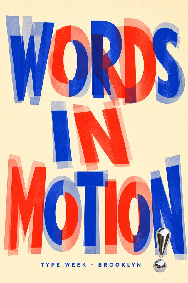 Words in Motion poster with layered cobalt and vermilion typography