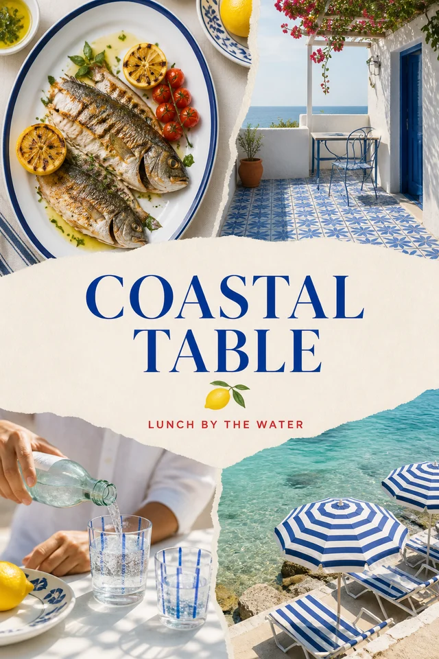 Airy coastal collage with grilled fish, tiled terrace, water, and umbrellas