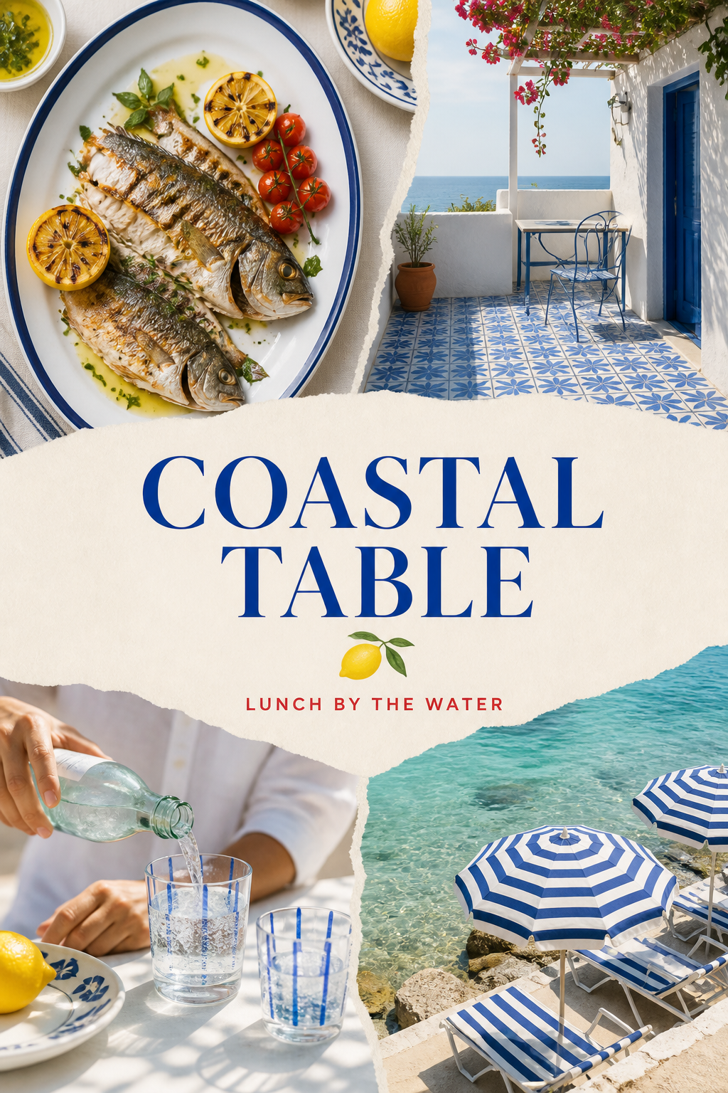 Airy coastal collage with grilled fish, tiled terrace, water, and umbrellas