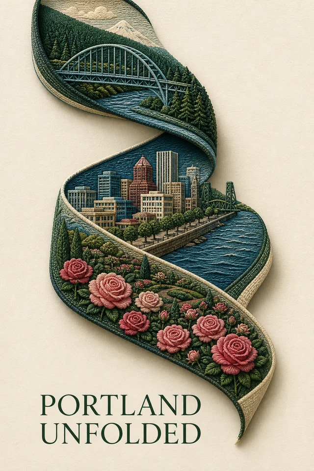 Portland cityscape sculpted inside a green and blue woven ribbon