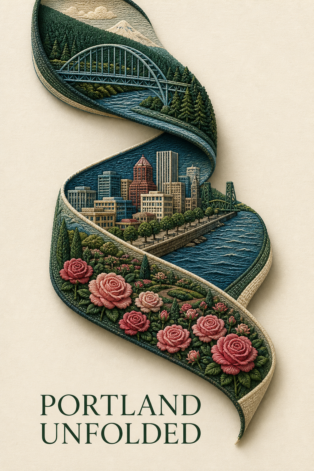Portland cityscape sculpted inside a green and blue woven ribbon