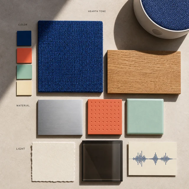 Hearth Tone audio brand material board with cloth, wood, metal, ceramic, and glass