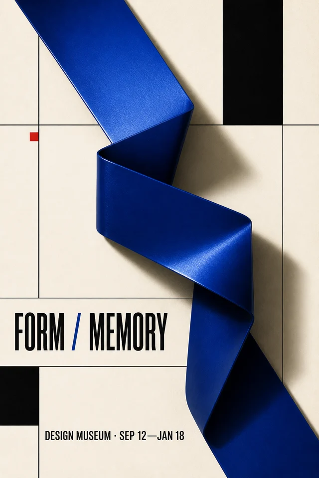 Form Memory exhibition poster with a folded cobalt aluminum ribbon