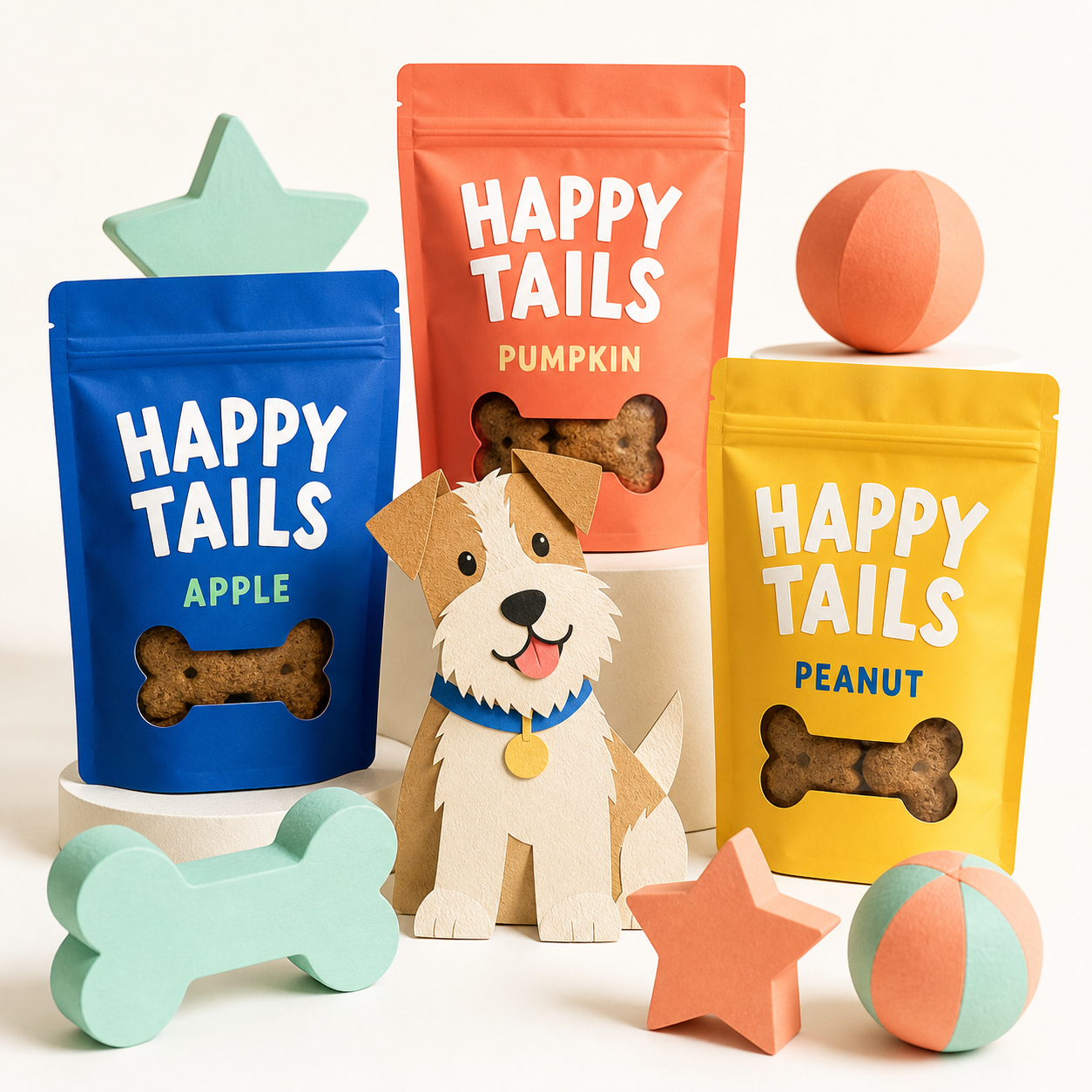 Happy Tails dog treat pouches with a paper terrier mascot