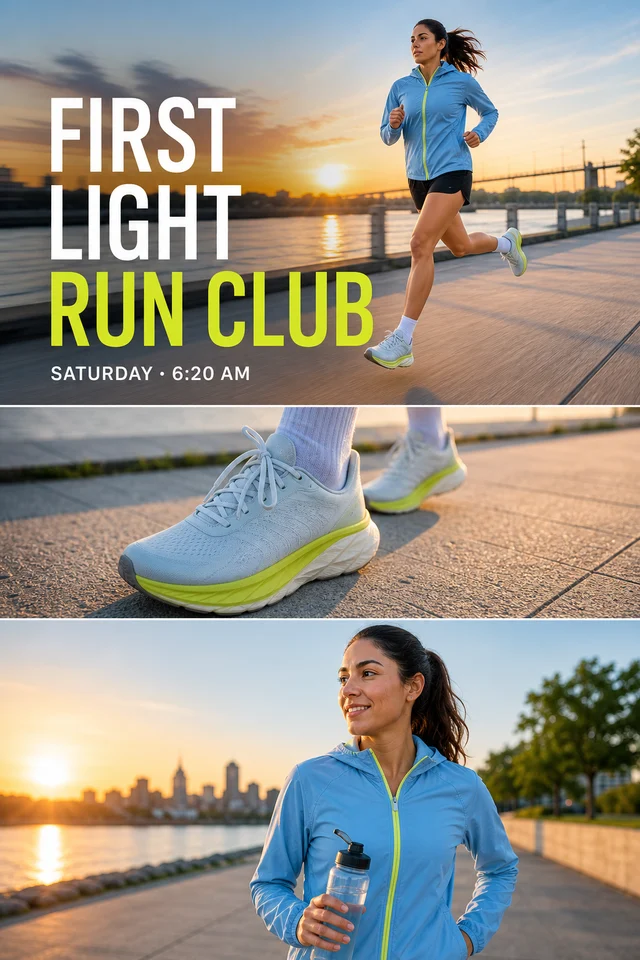 First Light Run Club triptych with motion, shoe detail, and recovery portrait