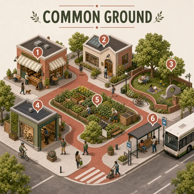 Isometric neighborhood guide with six community landmarks