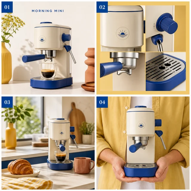 Morning Mini espresso maker shown as hero, feature, lifestyle, and scale images