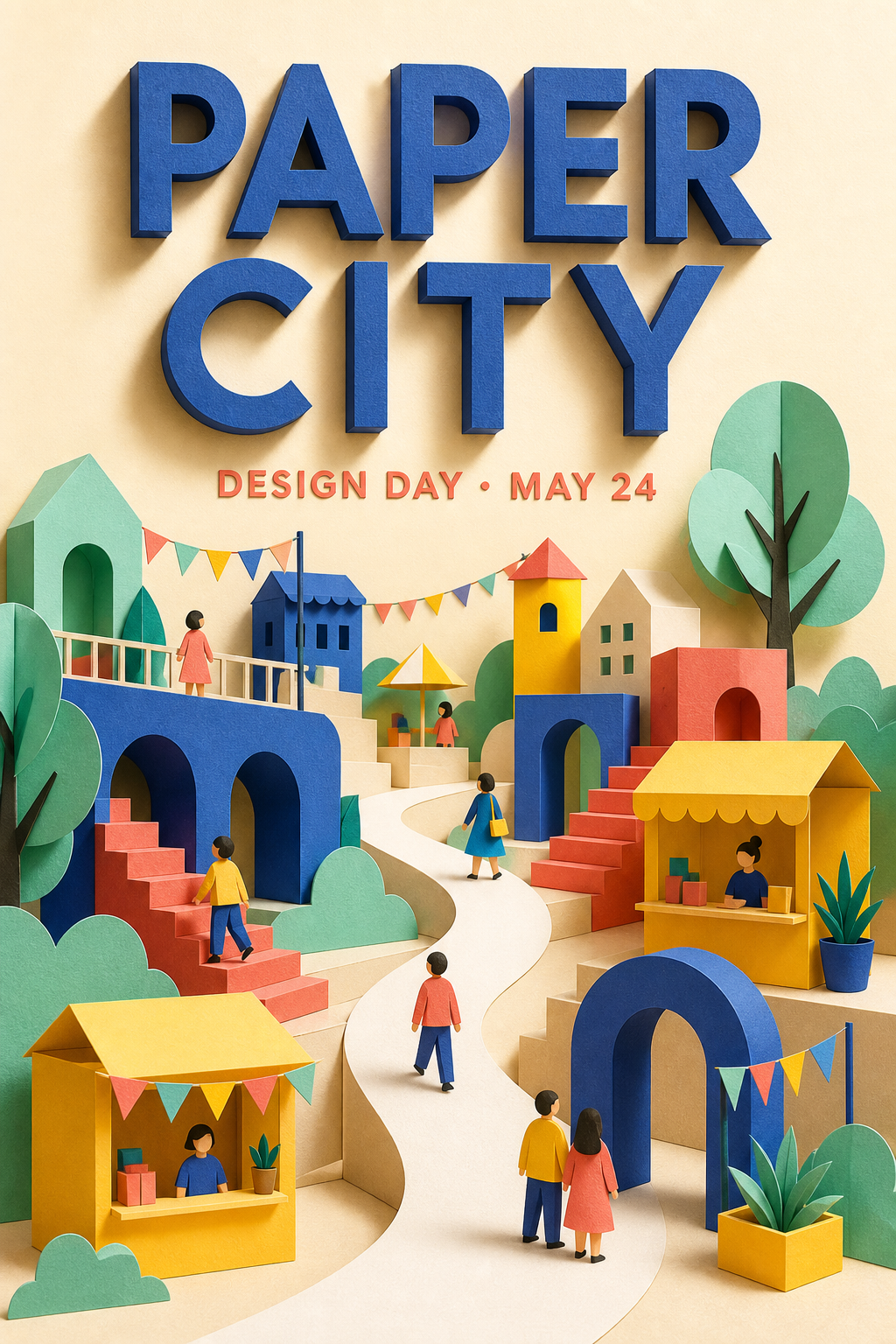 Bright layered paper city poster for a daytime design festival