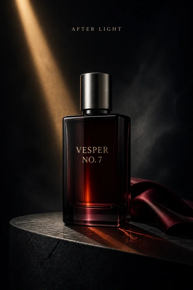 Smoky burgundy Vesper fragrance bottle in an amber beam