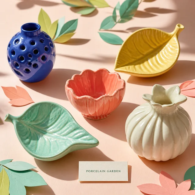 Colorful botanical ceramic vessels arranged on a peach table