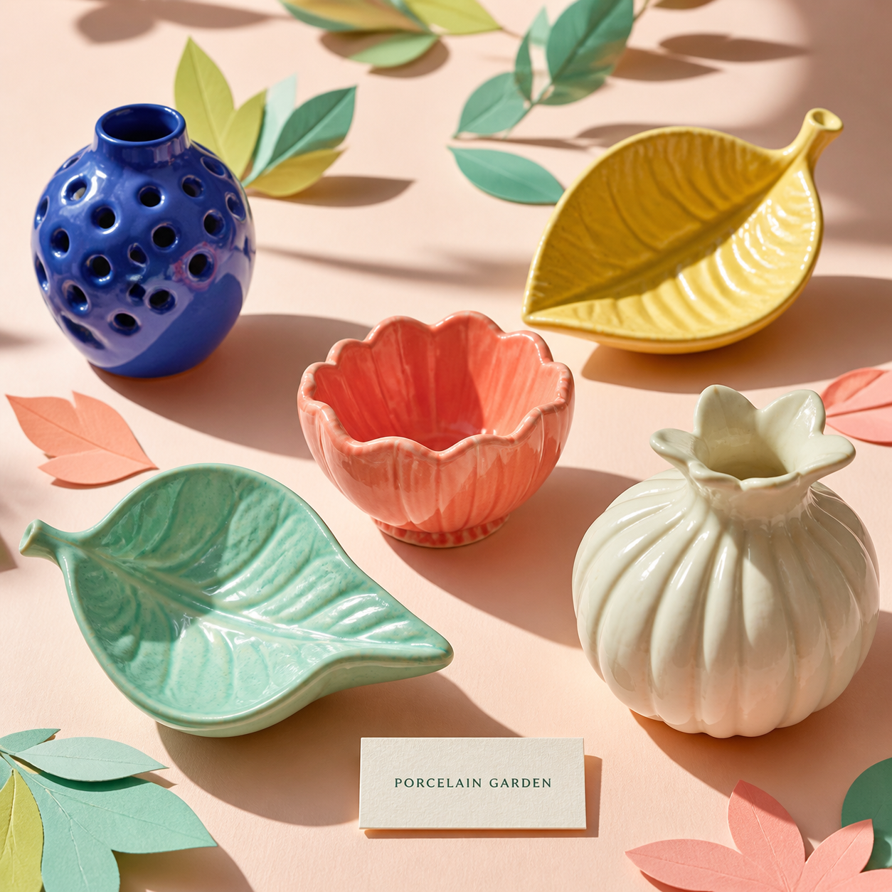 Colorful botanical ceramic vessels arranged on a peach table