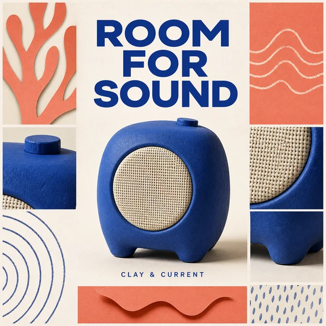Square mixed-media social launch visual for a blue ceramic speaker