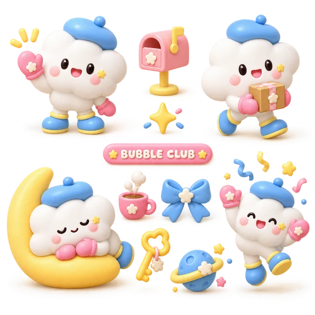 Soft 3D mascot and sticker sheet for Bubble Club