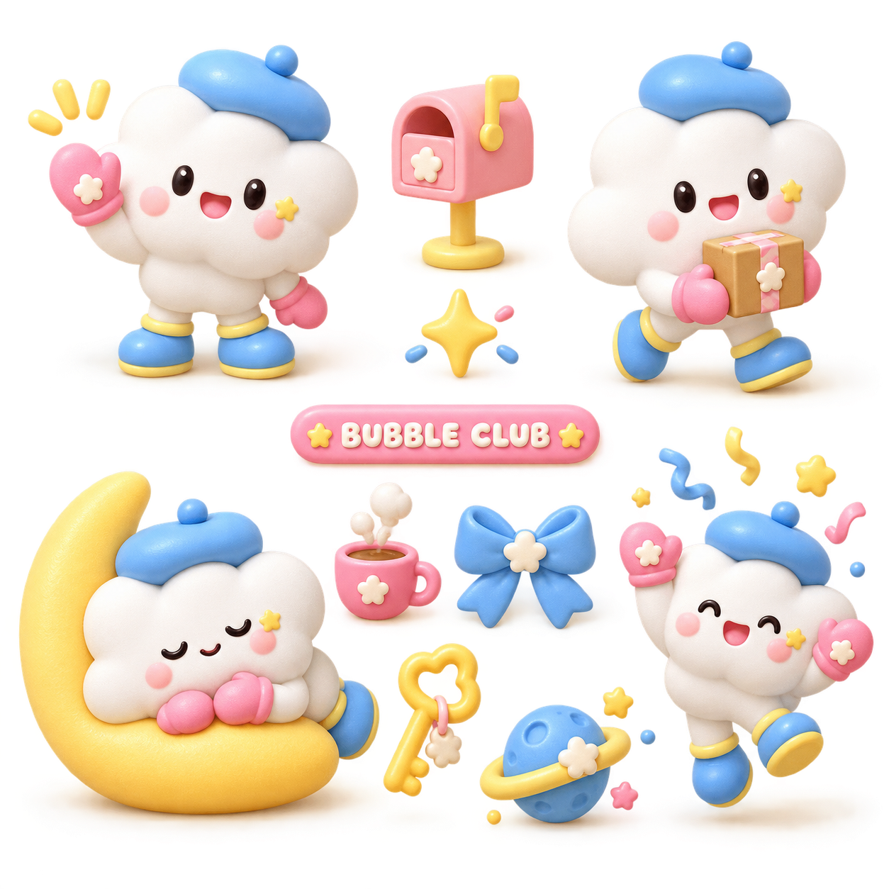 Soft 3D mascot and sticker sheet for Bubble Club