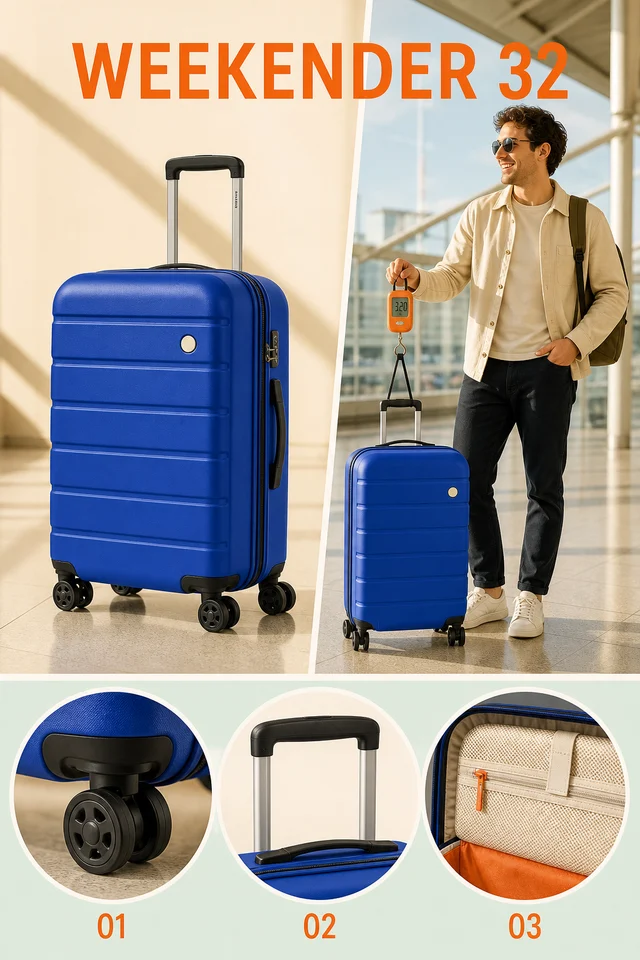 Weekender 32 carry-on shown full-size, beside a traveler, and in three detail views