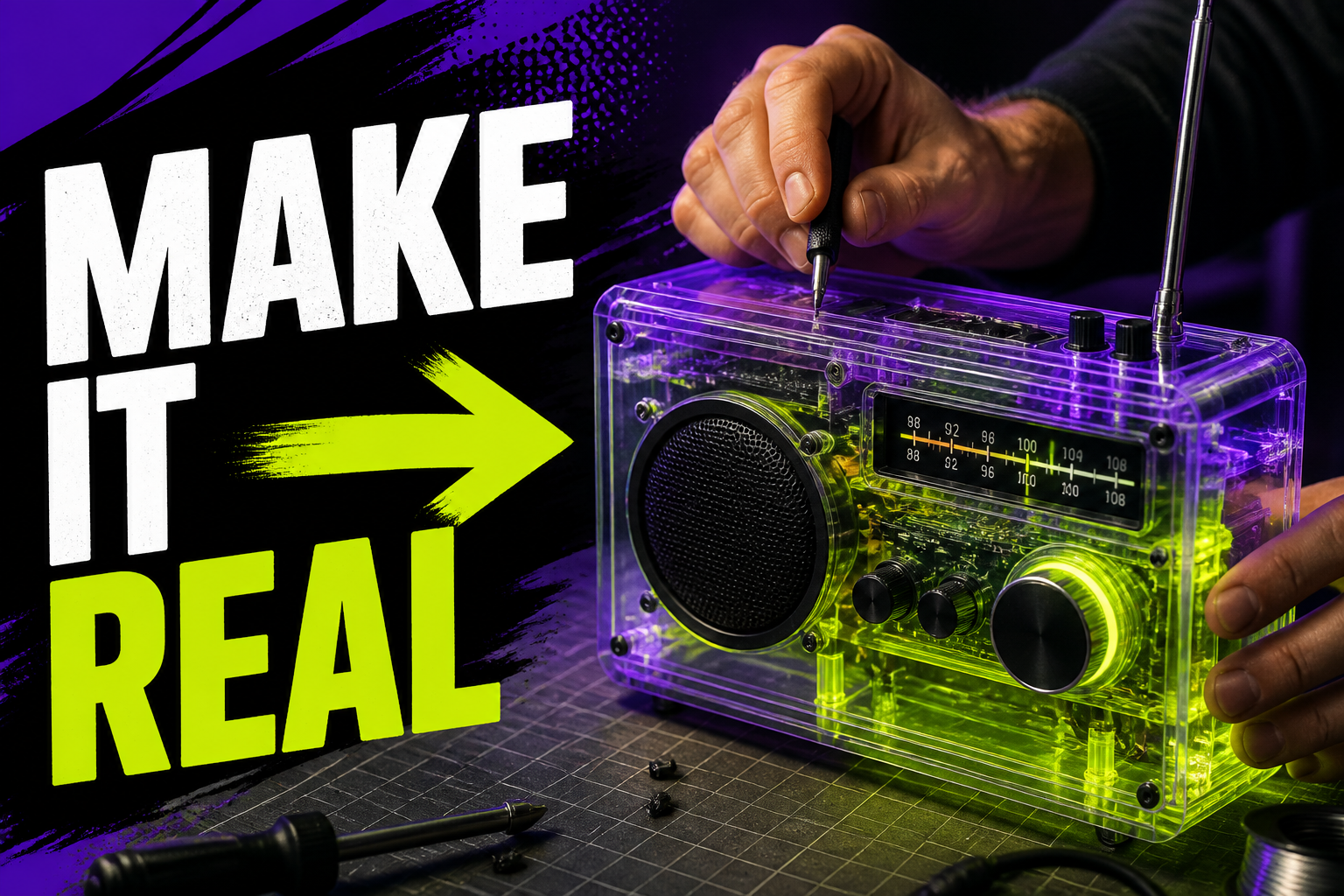Creator thumbnail with a translucent radio prototype and Make It Real headline